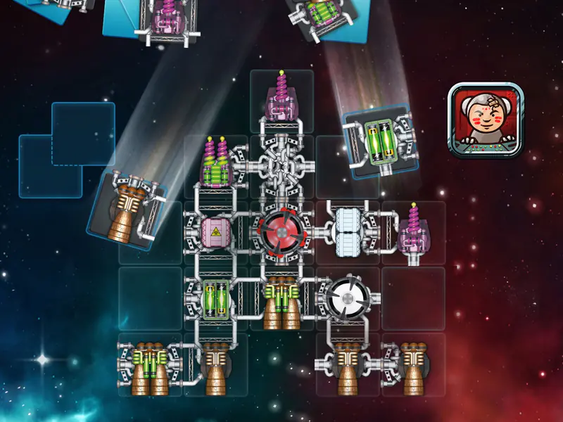 Galaxy Trucker - Schermata di gioco: la plancia di costruzione dell'astronave con tessere di motori, cannoni e cabine da incastrare.